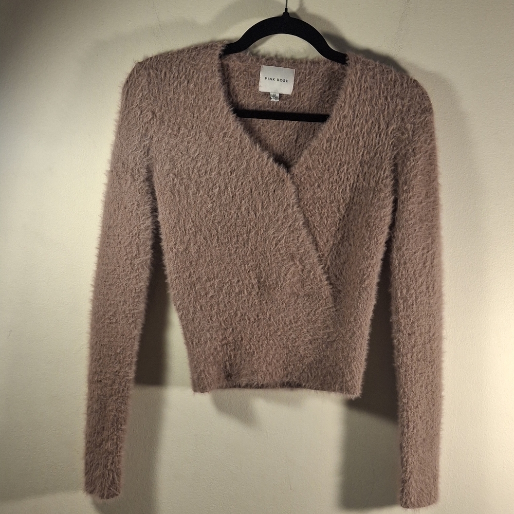 Pink Rose Women's Mocha Brown Long Sleeve V-Neck Fuzzy Sweater Size XS